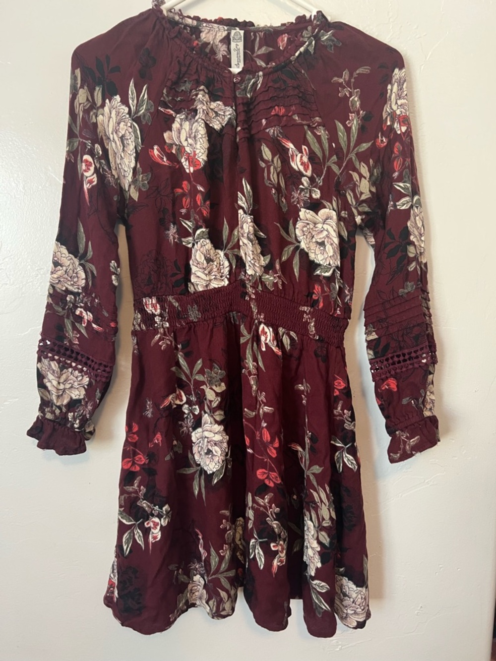 American Rag Burgundy Floral Long-Sleeve Smocked Dress Size Medium western boho